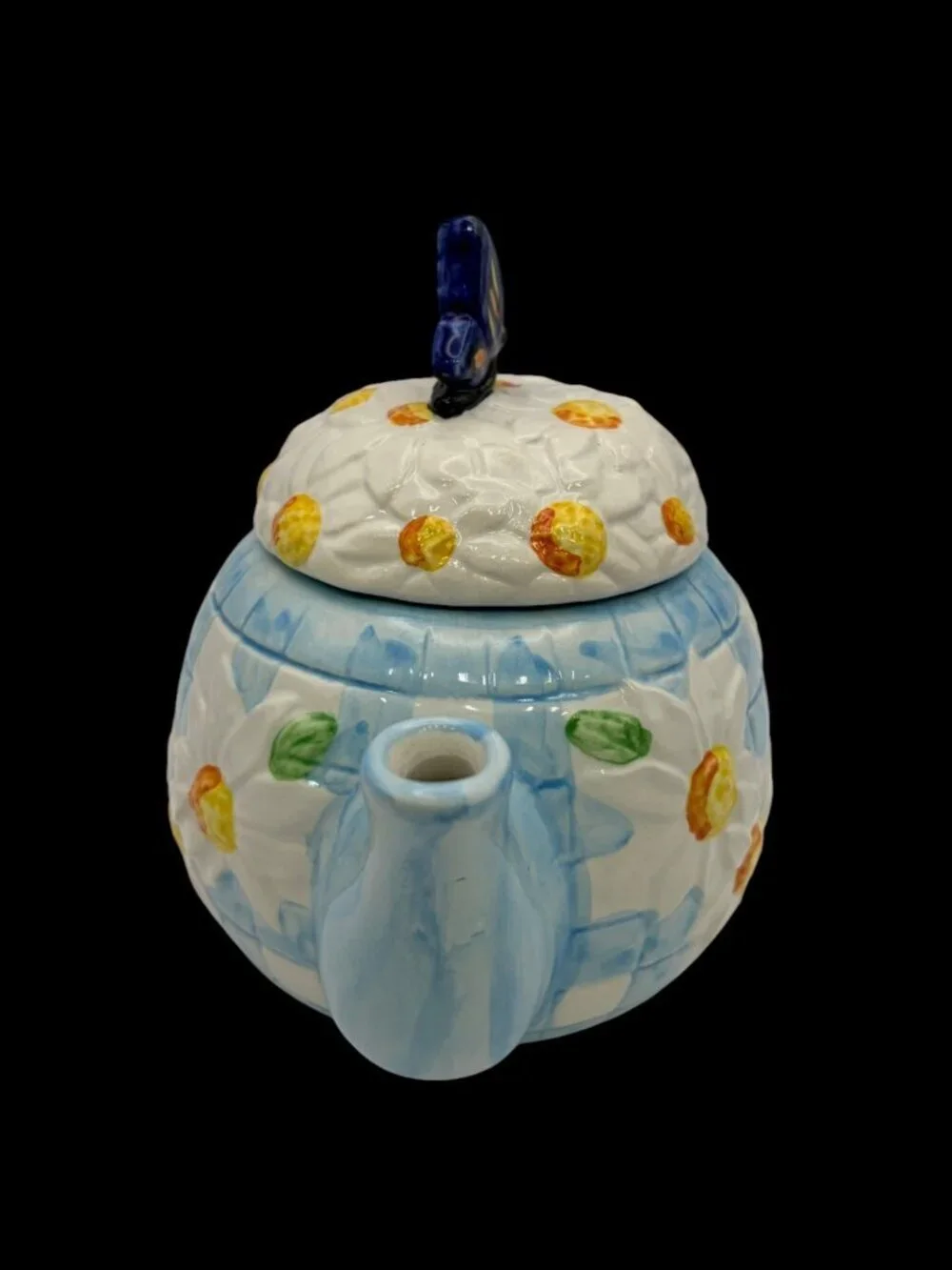 Vintage Betallic Inc Ceramic Teapot Blue White Daisy Butterfly Lid Cottagecore